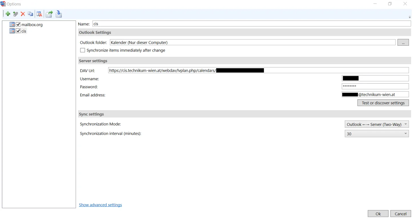 Publisher screenshot of Outlook CalDav Synchronizer profile settings with an Outlook folder, DAV server fields and two-way synchronization controls.