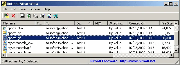 Publisher's OutlookAttachView screenshot showing an attachment table with cports.gif selected, toolbar and status bar.