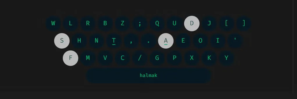OverKeys Halmak keyboard overlay with green labels and light highlighted keys on a dark background.