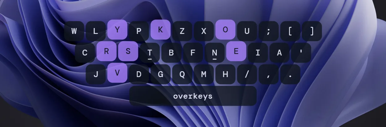 OverKeys keyboard overlay with purple highlighted keys over a Windows desktop background.
