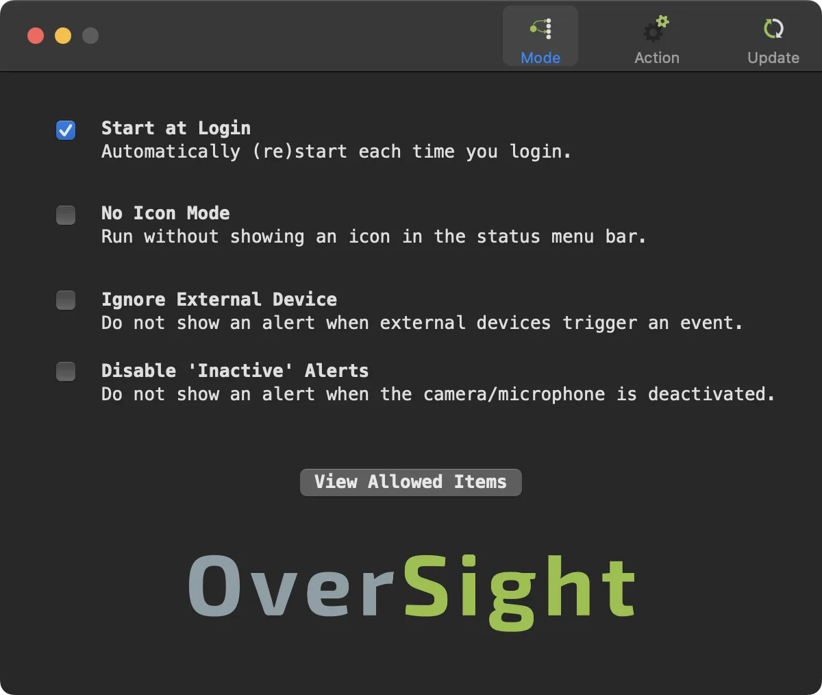 OverSight settings on macOS showing Start at Login, No Icon Mode, external-device and inactive-alert options, and View Allowed Items.