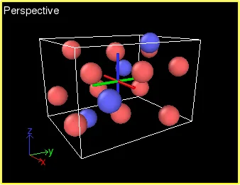 OVITO documentation viewport showing red and blue particles, a simulation-cell outline and coordinate axes