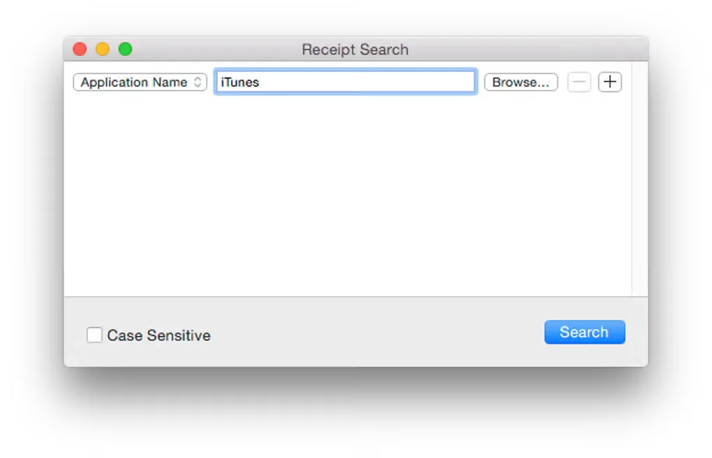 Older Pacifist Receipt Search window on Mac with an Application Name filter for iTunes and a Search button