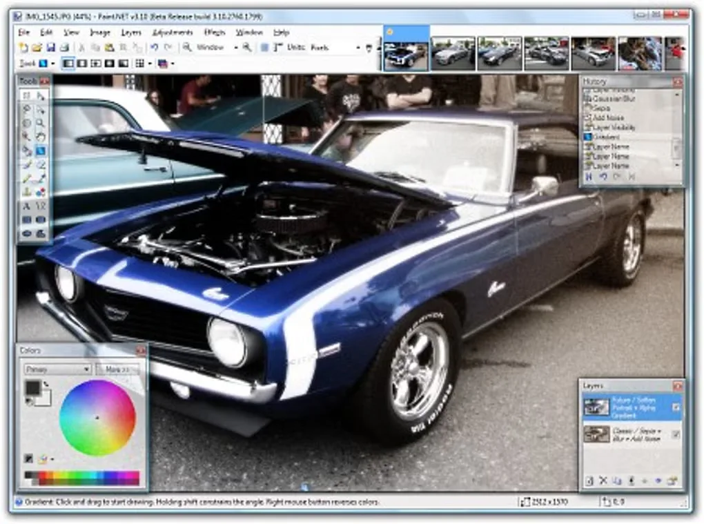 Historical Paint.NET Windows interface editing a blue convertible photo, with image tabs, Tools, Colors, History and Layers panels; not the current version.