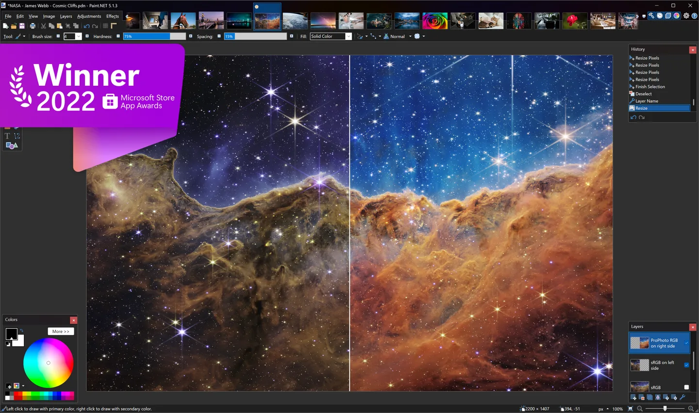 Paint.NET 5.1.3 publisher screenshot showing a nebula image, image tabs, Colors, History and Layers panels; includes the original Store award badge.