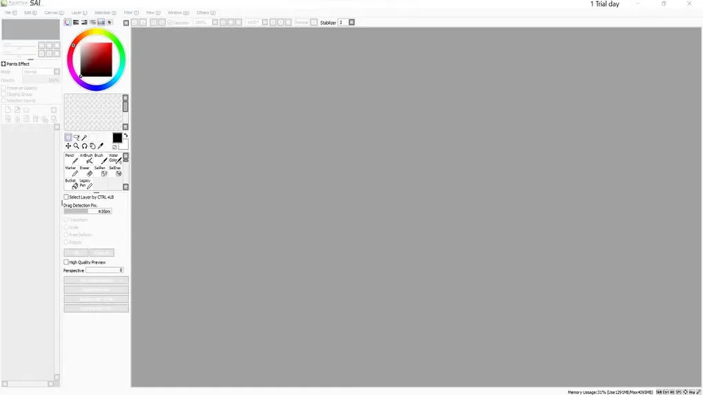 PaintTool SAI Windows workspace with a color wheel, brush presets, layer panel and empty gray work area; source gallery build unspecified.