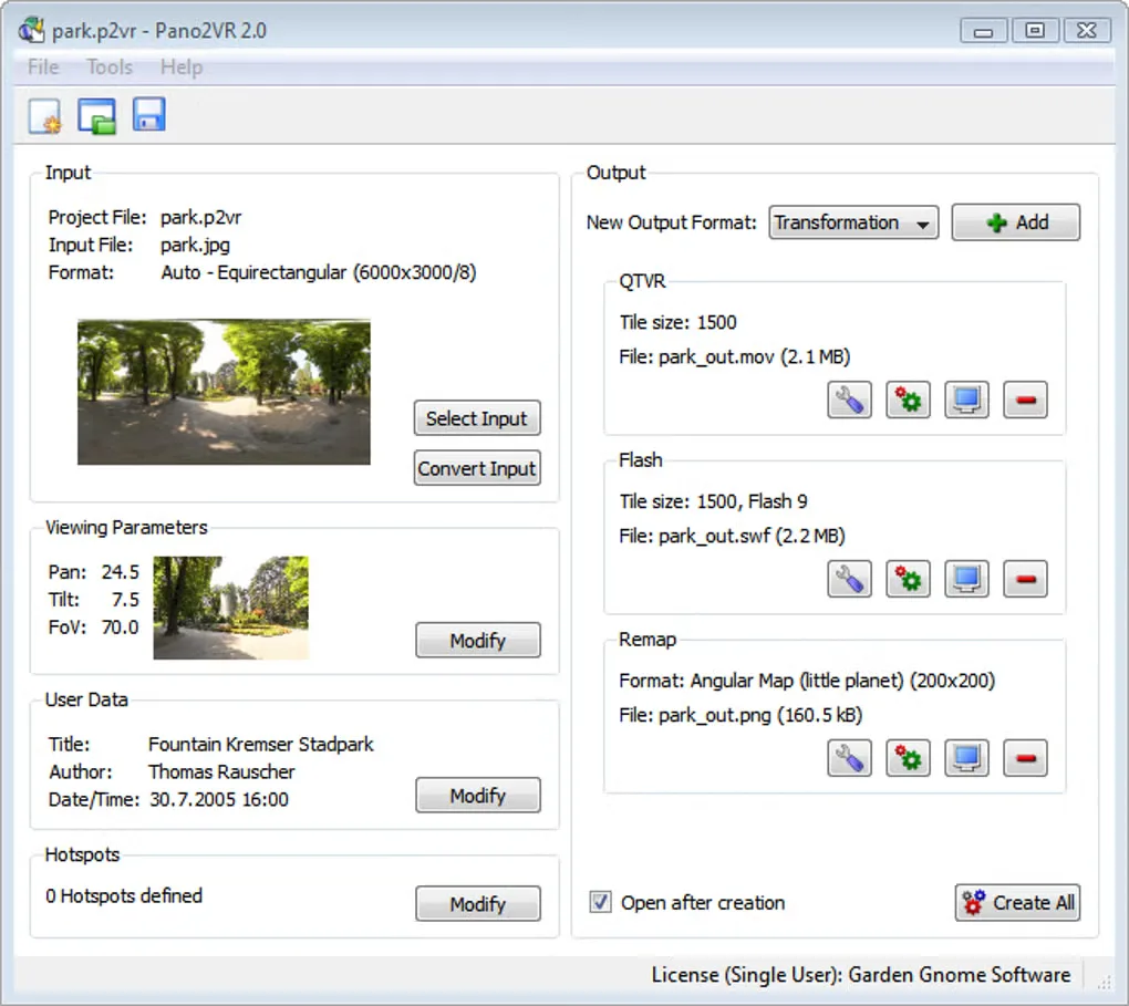 Historical Pano2VR 2.0 Windows interface with a park panorama, viewing parameters and output panels; not the current 8.0.10 UI