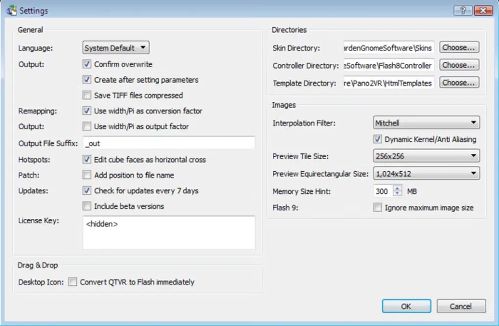 Historical Pano2VR Windows Settings dialog with general options, directories and image interpolation controls; not the current 8.0.10 UI