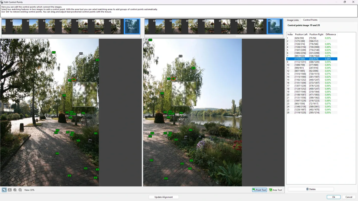 PanoramaStudio control point editor showing two overlapping garden photos, numbered alignment points and a coordinate table.