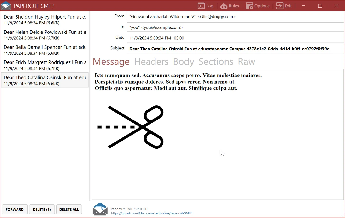 Publisher's Papercut SMTP v7.0 desktop screenshot with captured messages and Message, Headers, Body, Sections and Raw tabs