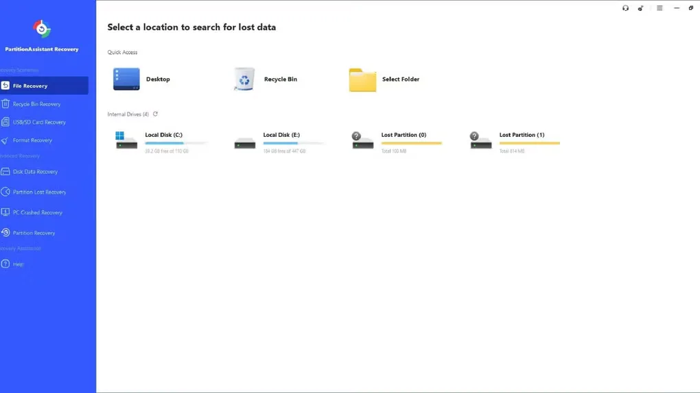 PartitionAssistant Recovery location-selection screen showing Desktop, Recycle Bin, folders, local drives and lost partitions