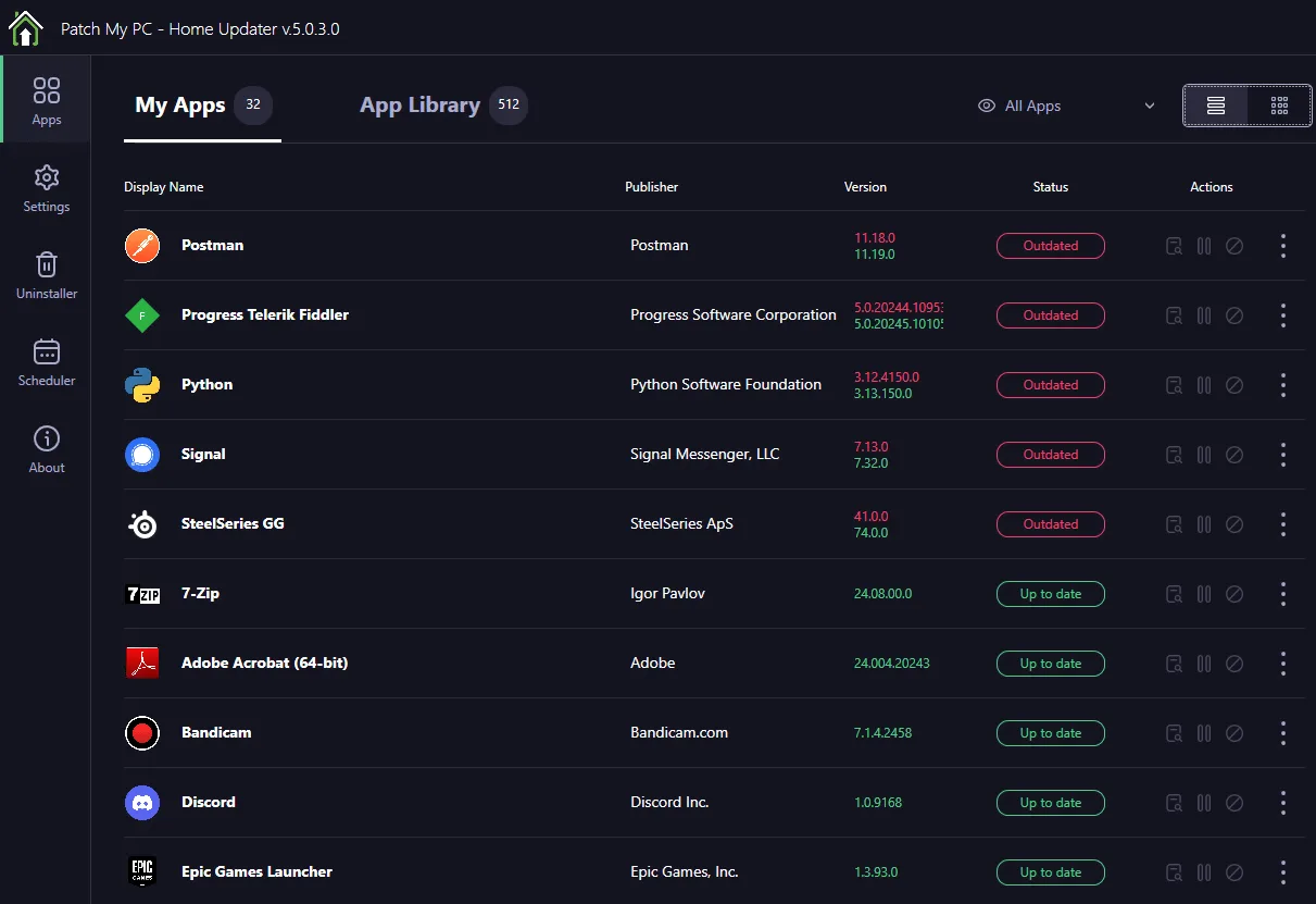 Publisher screenshot of Patch My PC Home Updater's My Apps list, with installed versions, outdated and up-to-date status labels, and the App Library tab.