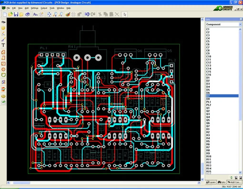 PCB Artist showing an analogue circuit board layout with red and cyan traces and a component list in an older Windows interface