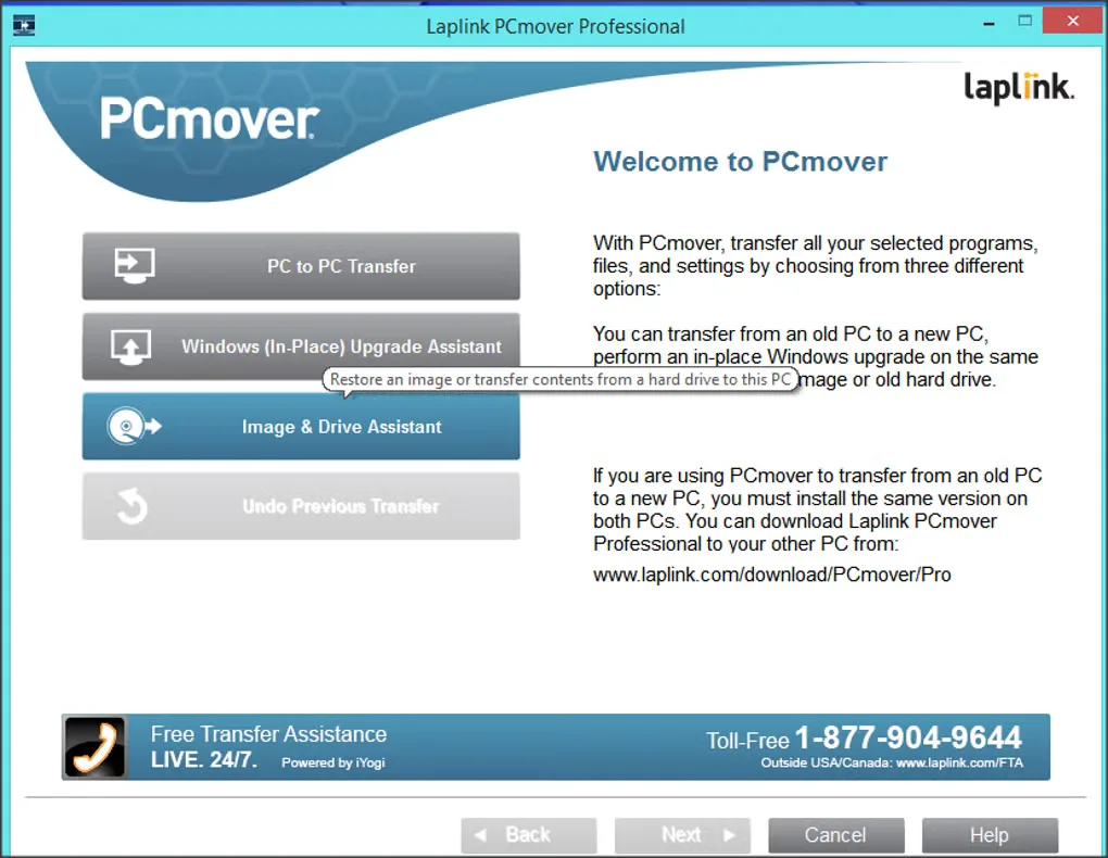 Older PCmover Professional welcome screen with PC-to-PC Transfer, Windows Upgrade Assistant and Image & Drive Assistant options