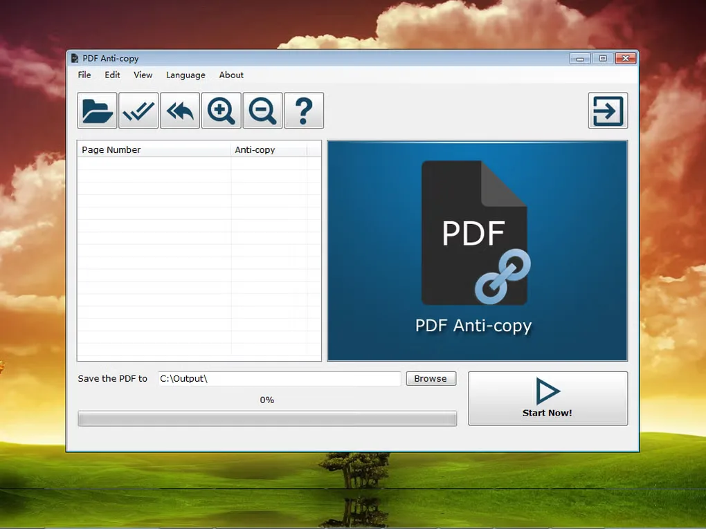 PDF Anti-Copy Windows interface with page-selection table, document preview, output-folder field and Start Now button
