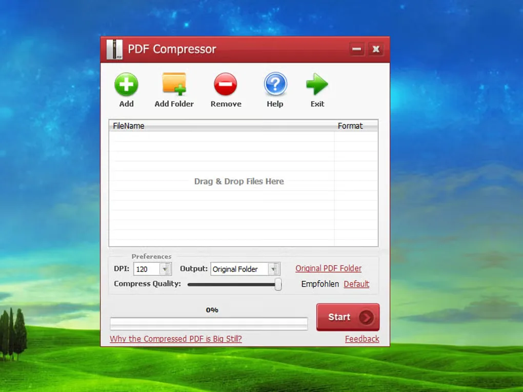 PDF Compressor Windows interface with an empty batch list, DPI and output controls, quality slider and Start button