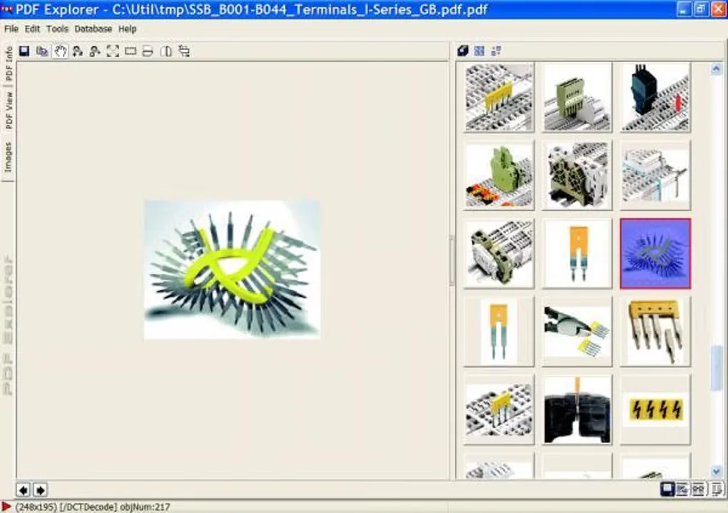 PDF Explorer image-object viewer showing extracted image thumbnails on the right and the selected image on the left