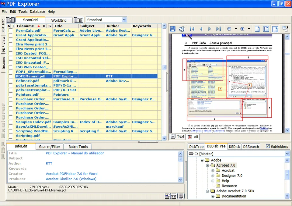 PDF Explorer on Windows with a document metadata grid, PDF preview, InfoEdit fields and folder tree