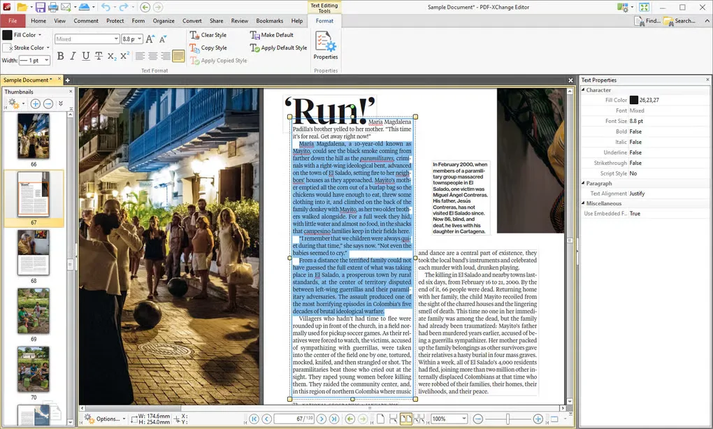 PDF-XChange Editor text-editing workspace with a sample PDF, selected text, page thumbnails and Text Properties pane