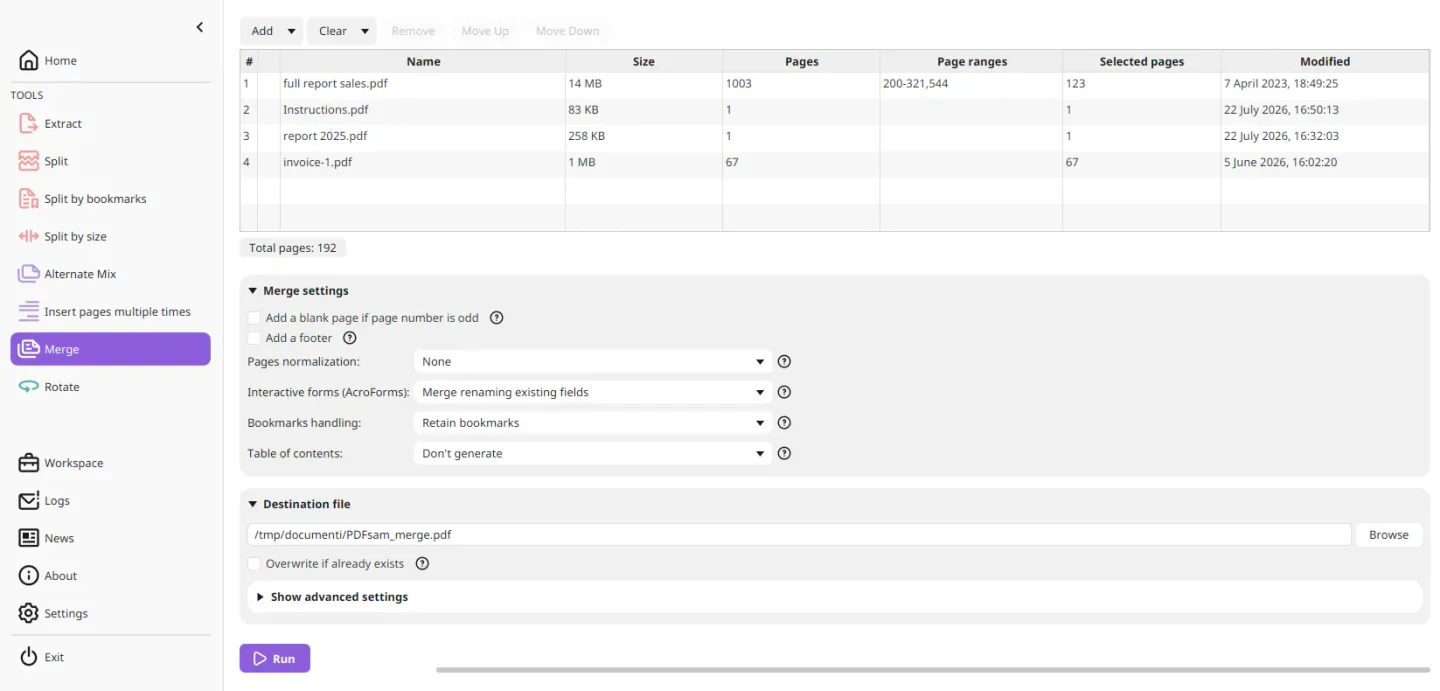 PDFsam Basic merge tool showing input PDFs, page ranges, bookmark and form options, and the destination file field