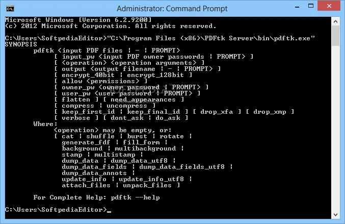PDFtk Server in Windows Command Prompt displaying its PDF input, output and operation syntax