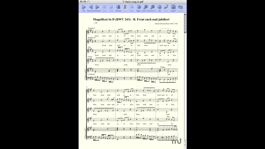Historical PDFtoMusic Mac window showing Bach sheet music beneath playback and export controls, with the original MacUpdate watermark
