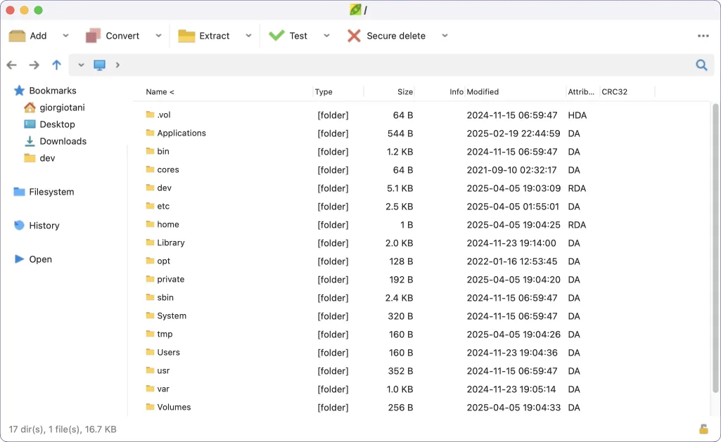 PeaZip on macOS in light mode, showing the filesystem list and Add, Convert and Extract toolbar actions