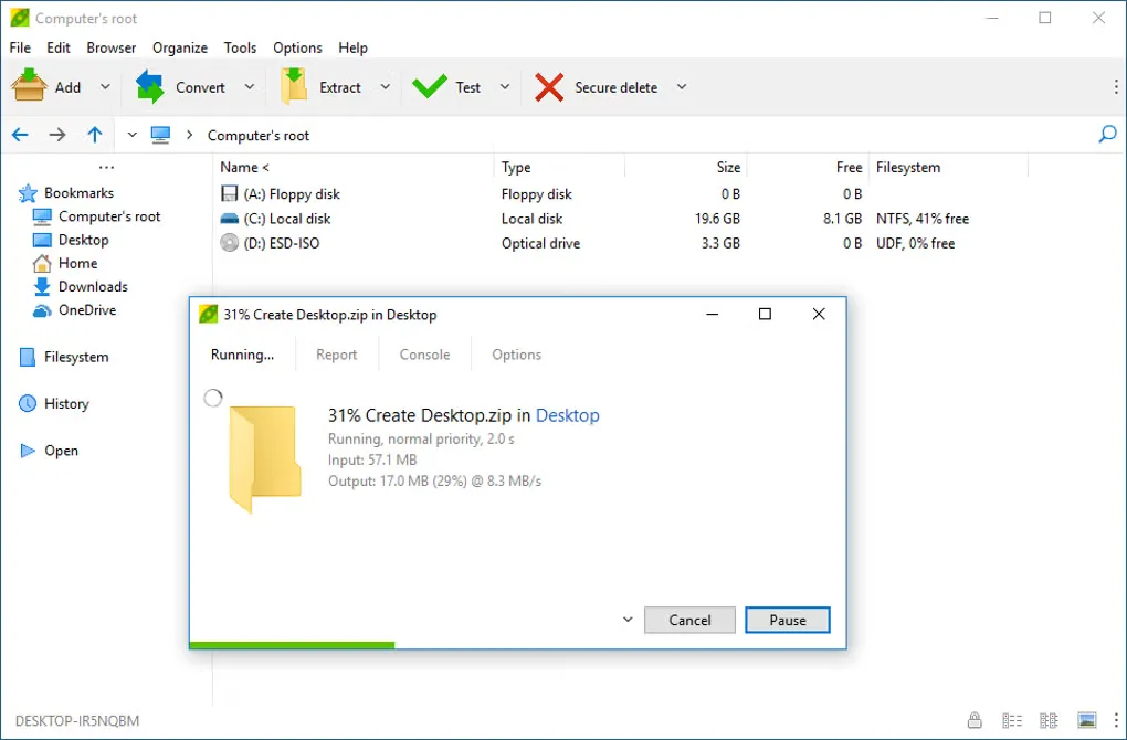 PeaZip for Windows file manager with a ZIP creation progress dialog, archive toolbar and drive list.