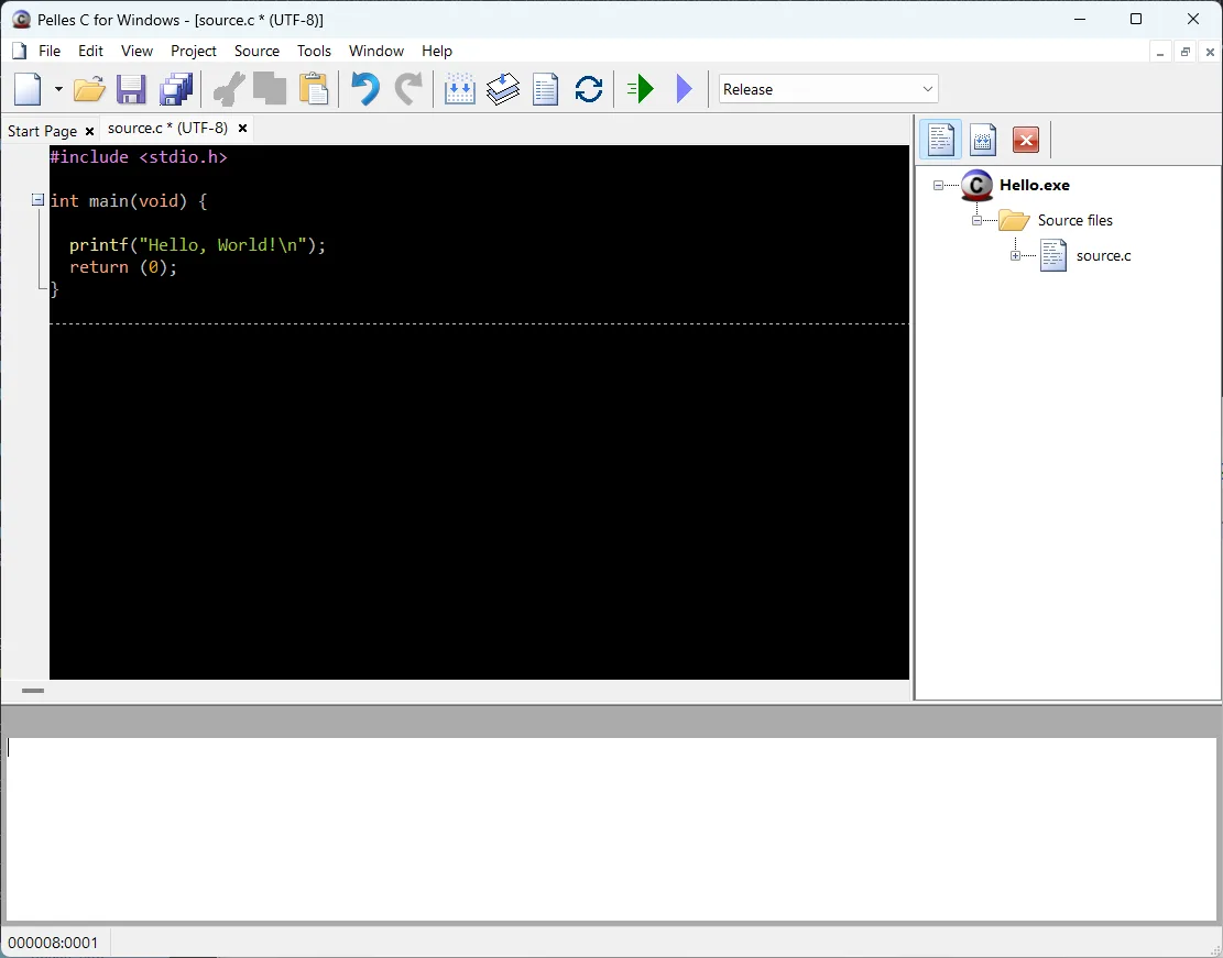 Pelles C for Windows showing Hello, World C source code, toolbars and the Hello.exe project tree