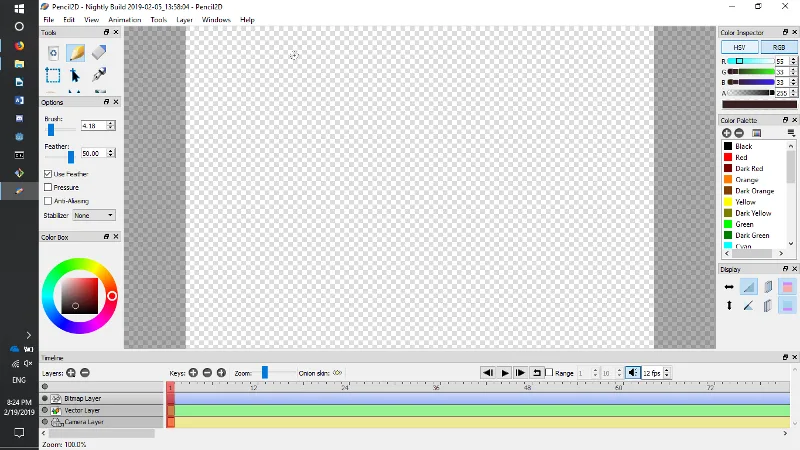 Pencil2D on Windows: older manual screenshot showing the blank canvas, drawing tools, colors and keyframe timeline