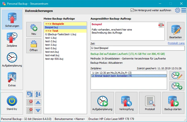 Personal Backup 6.4.0.0 German-language control center showing backup tasks, destination, schedules and backup controls
