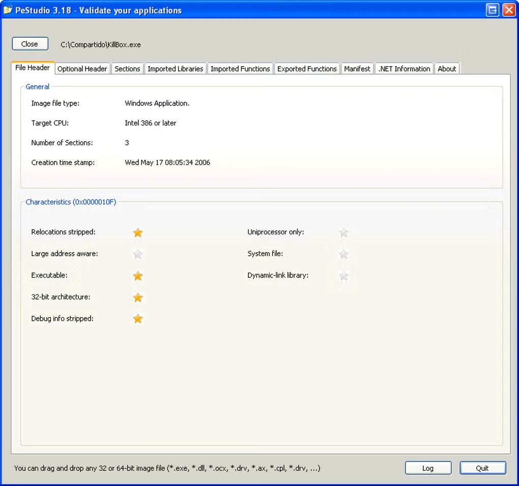 Historical PeStudio 3.18 Windows interface showing executable file-header properties and analysis tabs; not version 9.61.