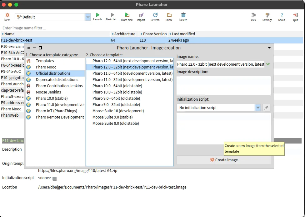 Publisher's Pharo Launcher interface showing existing images and the image-creation template dialog; macOS window chrome