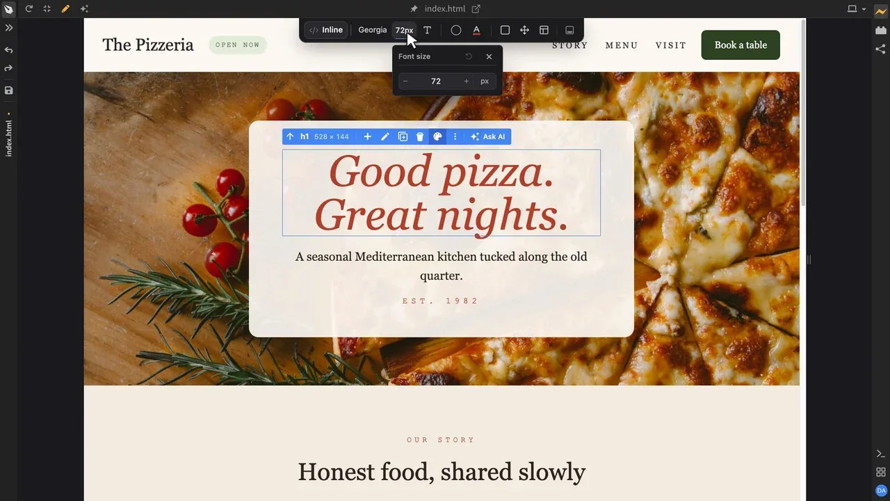 Phoenix Code Live Preview editing a pizzeria page, with a selected heading and font-size toolbar; Pro visual-editing demonstration.