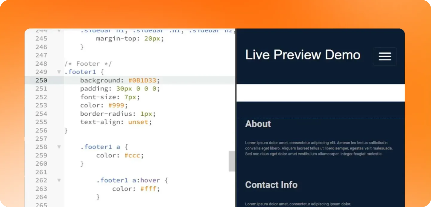 Publisher's Phoenix Code Live Preview demonstration showing CSS source beside a rendered page with About and Contact Info sections.