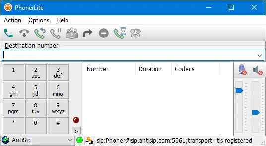PhonerLite Windows main window with destination field, numeric keypad, empty call list, microphone and speaker sliders, and a registered SIP profile status.
