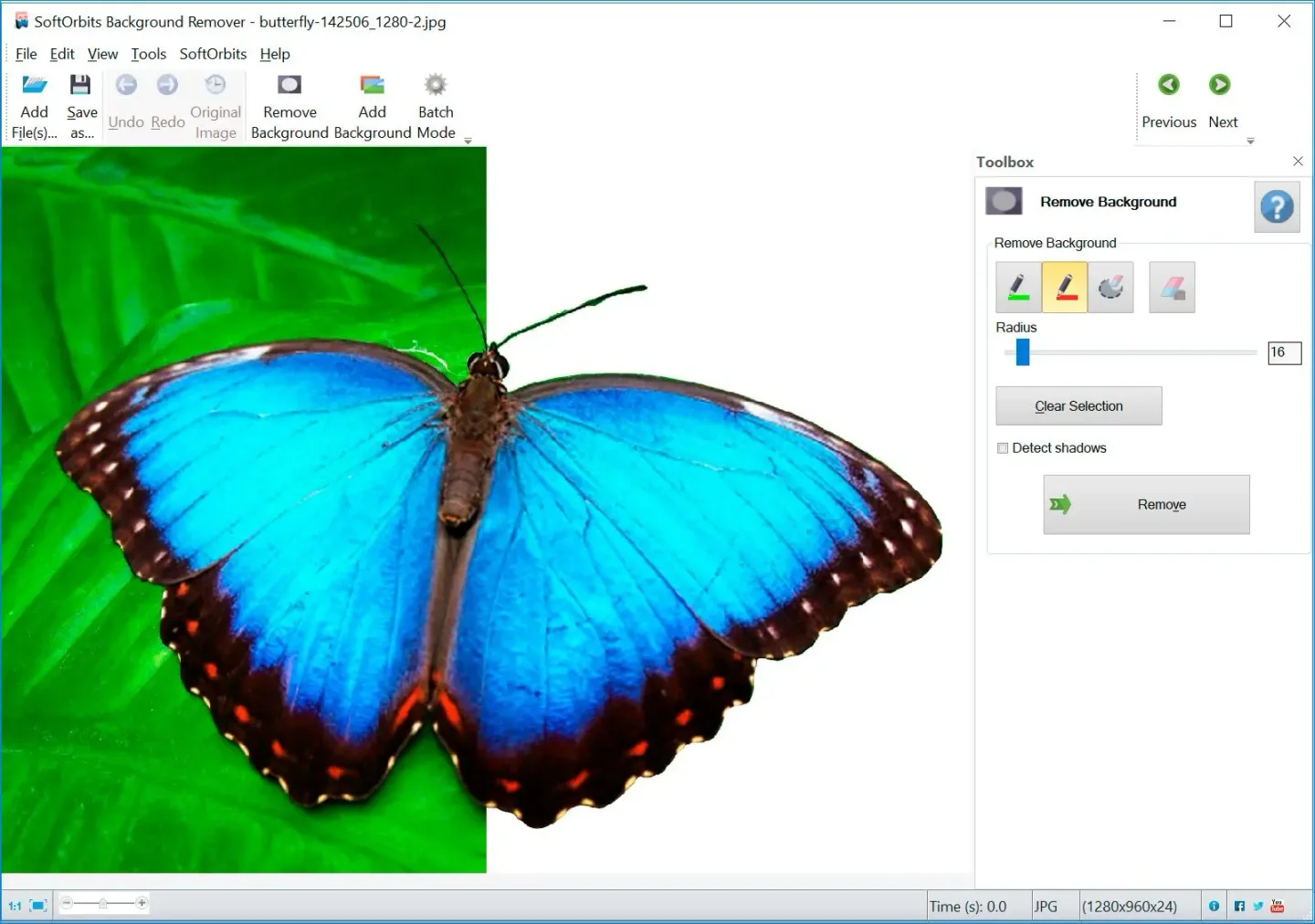 SoftOrbits Background Remover showing a butterfly photo with a partially removed background, selection markers and the Remove Background toolbox.