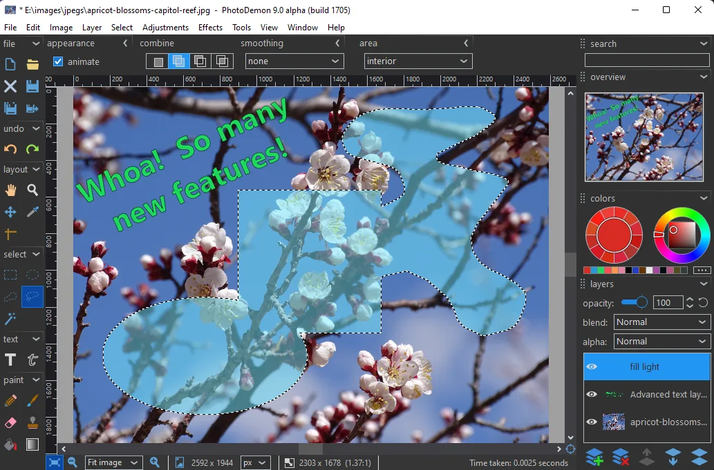 Publisher screenshot of PhotoDemon 9.0 alpha with blossom photo, selection overlays, toolbox, color controls and layers