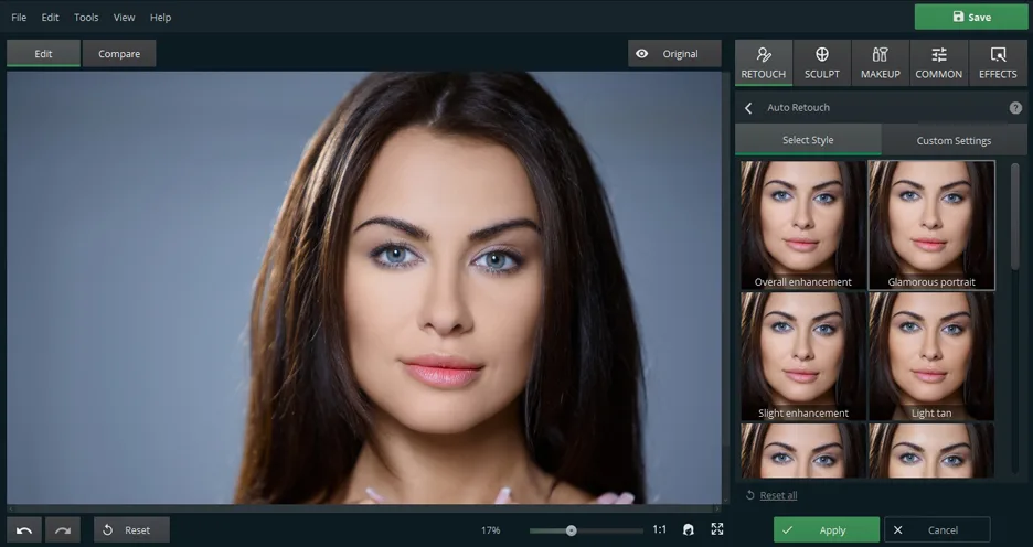 PhotoDiva Auto Retouch workspace showing a portrait, enhancement style thumbnails and Apply and Cancel controls