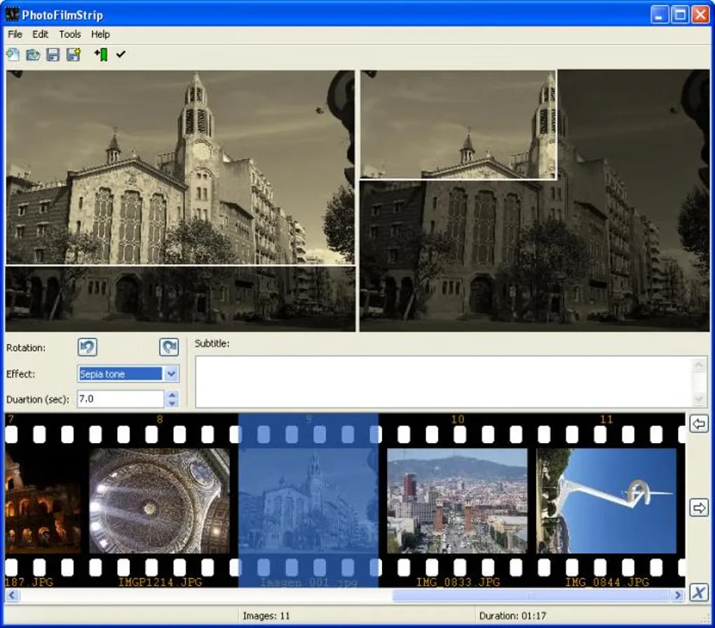 Historical PhotoFilmStrip Windows editor with paired motion previews, sepia controls, subtitle field and photo filmstrip.