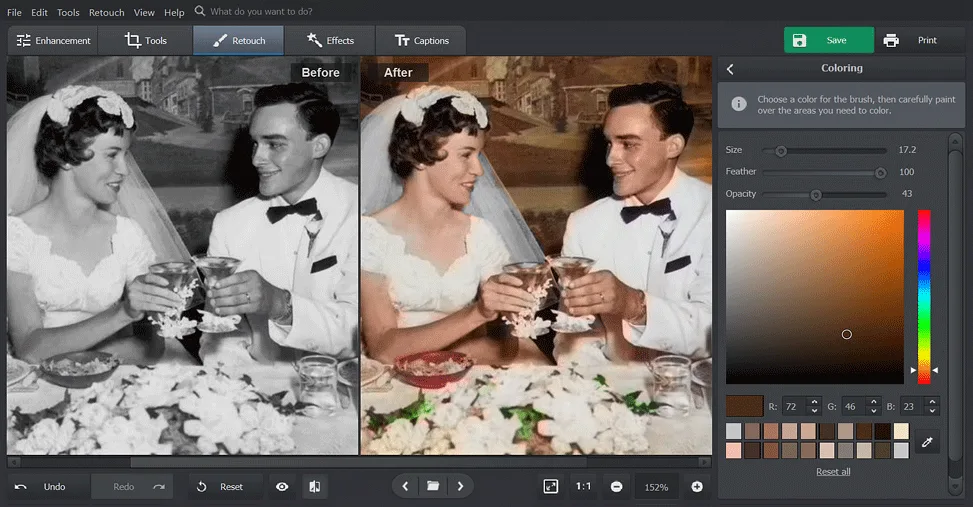PhotoGlory colorization workspace with a black-and-white wedding photo beside its colorized result and manual coloring controls.