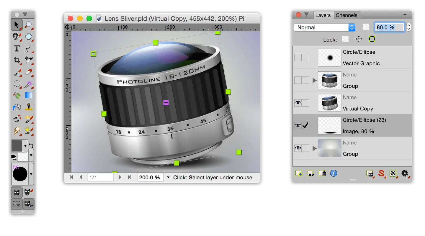 Publisher PhotoLine editor example: lens artwork, tools and Layers panel with macOS-style window controls; Windows appearance may differ.
