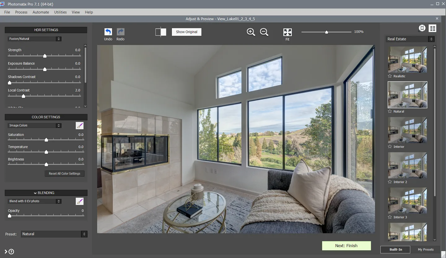 Photomatix Pro 7.1 on Windows showing a living-room HDR preview, adjustment controls and real estate preset thumbnails