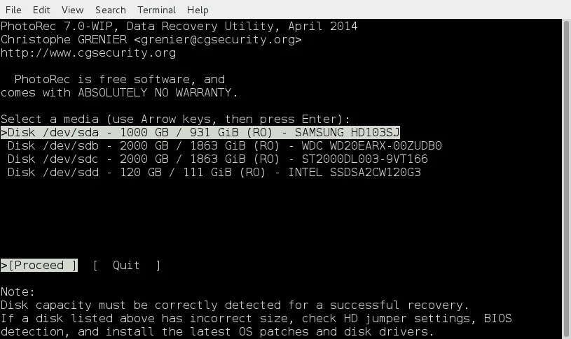 Historical PhotoRec 7.0-WIP terminal disk-selection screen on Linux, illustrating the text interface rather than macOS 7.2