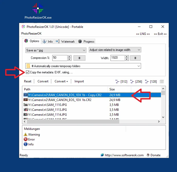 Publisher's historical PhotoResizerOK 1.01 window showing batch RAW and JPG files, compression, width and EXIF-copying controls