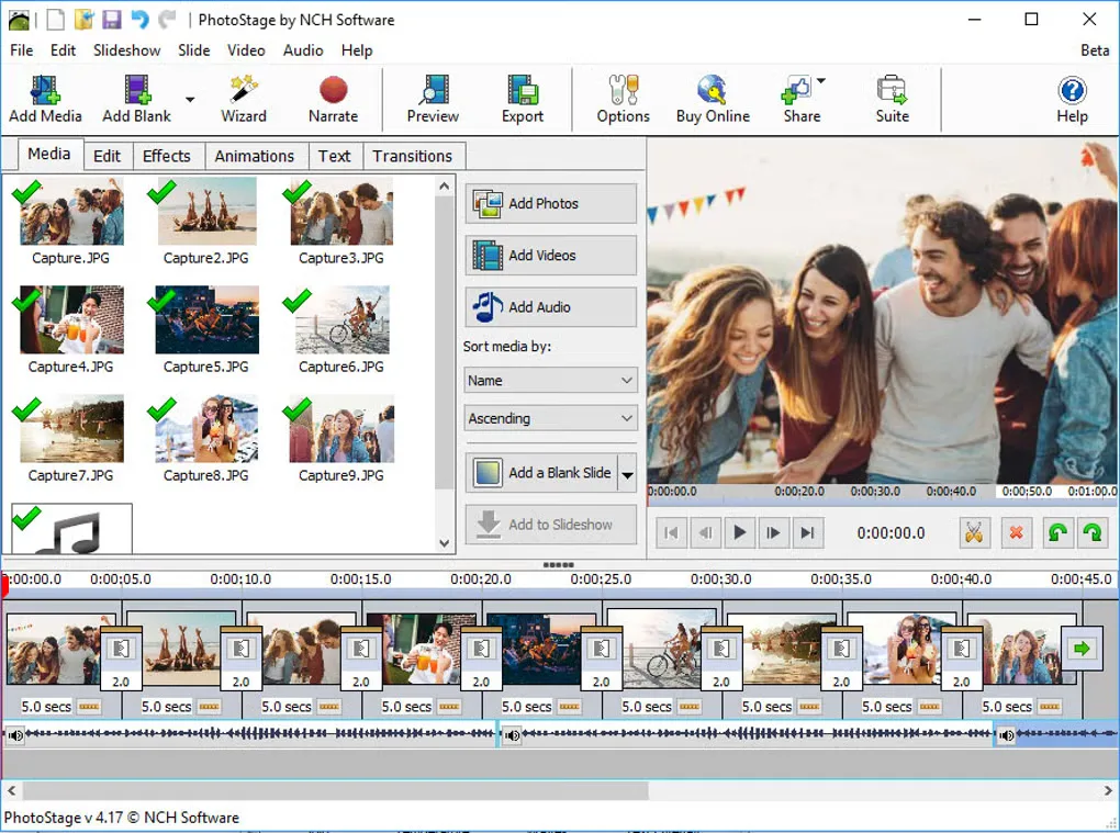 Historical PhotoStage v4.17 Beta screenshot from Softonic showing a media library, photo preview, slide transitions and an audio waveform.
