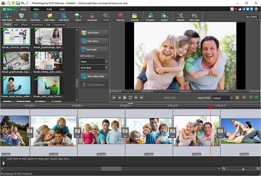 Publisher screenshot of PhotoStage with media thumbnails, a family-photo preview and a slideshow timeline.