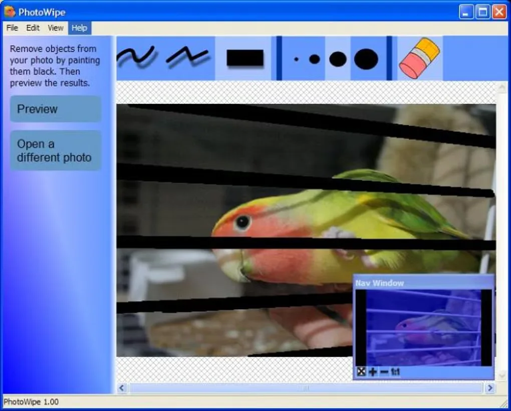 PhotoWipe window with brush tools and black masks over cage bars in a parrot photograph before previewing object removal.