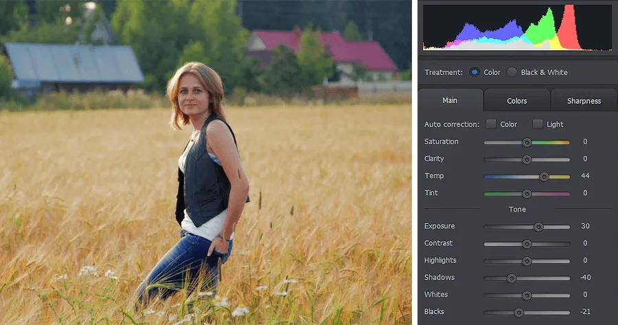 PhotoWorks exposure editing view with a portrait preview, histogram and light and color adjustment sliders