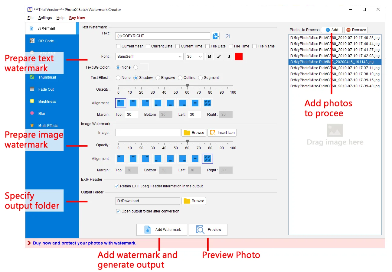 Publisher-annotated PhotoX Windows trial interface showing text and image watermark settings, photo list, output folder and preview controls